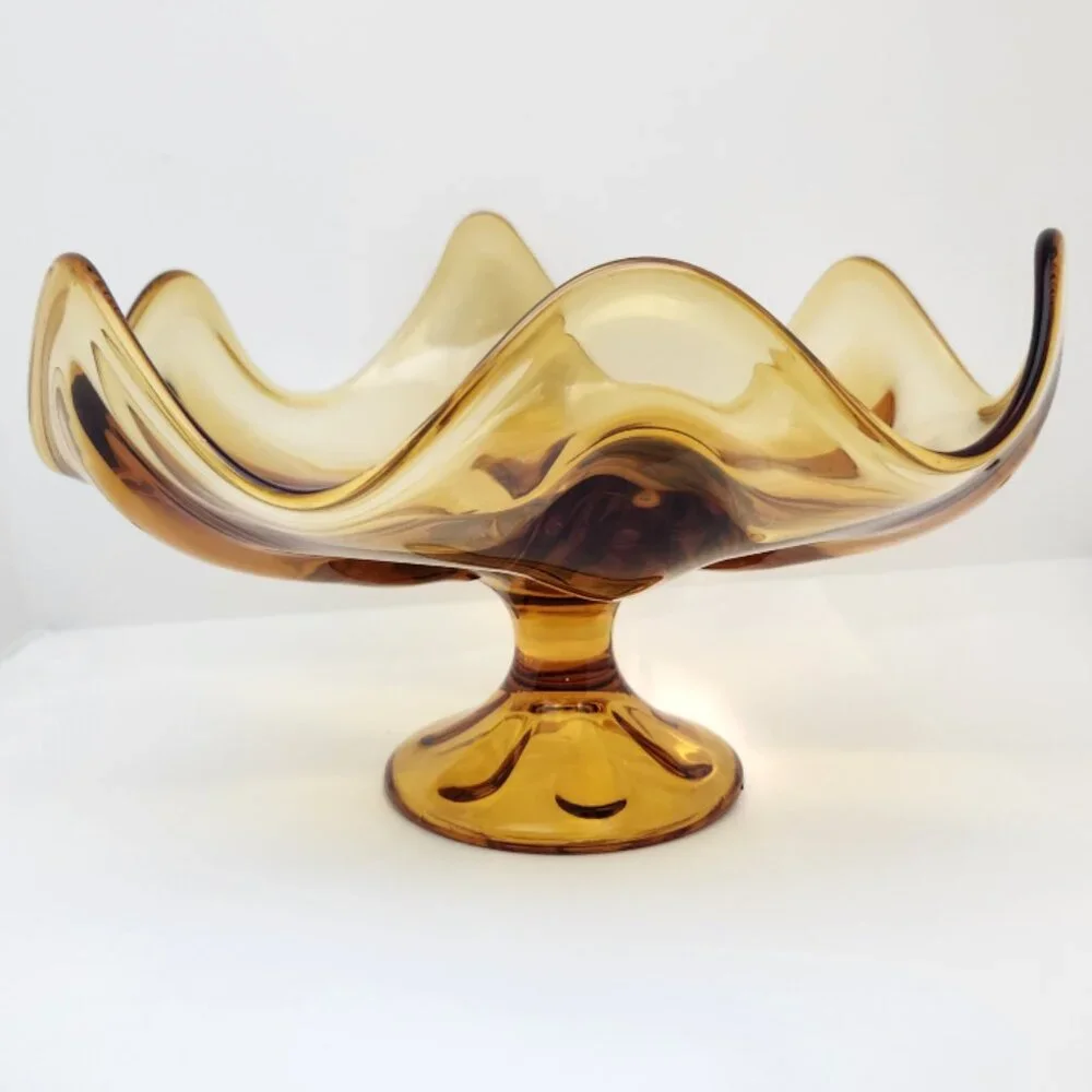 Viking EPIC, Six Petal, Pressed Glass, Amber, Pedestal Fruit Bowl, 9" Diameter - Picture 2 of 11